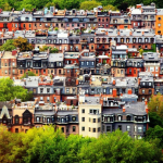 Aerial view of dense residential neighborhood